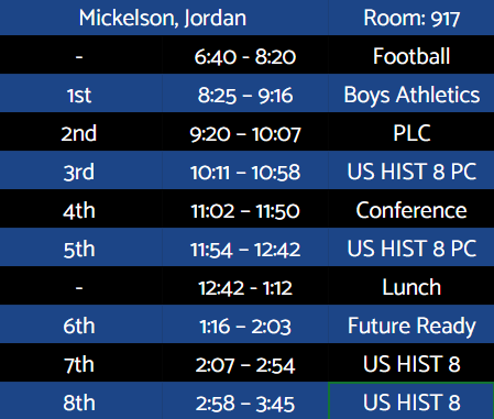 Mickelson, Jordan		Room: 917 -	6:40 - 8:20	Football 1st	8:25 – 9:16	Boys Athletics 2nd	9:20 – 10:07	PLC 3rd	10:11 – 10:58	US 
